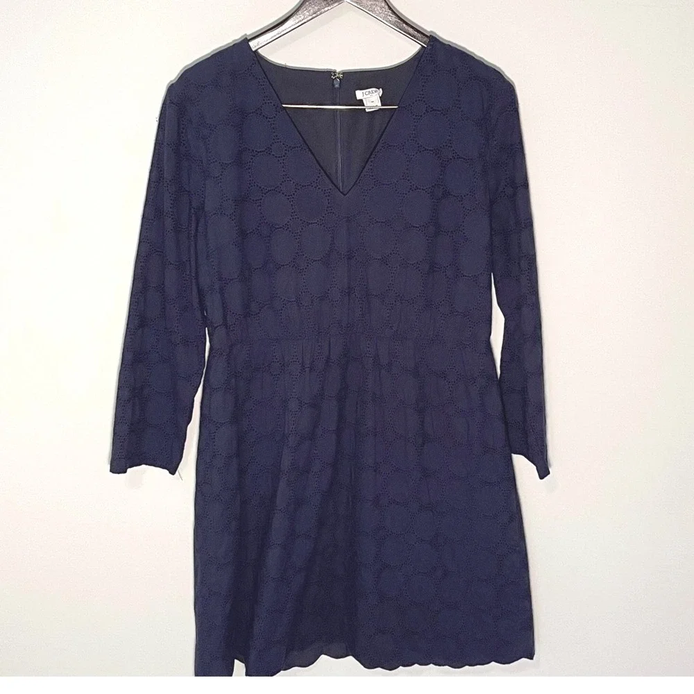 J Crew Navy Blue‎ Cotton Eyelet Dress V Neck 3/4 Sleeve Scalloped Hem Women's 14